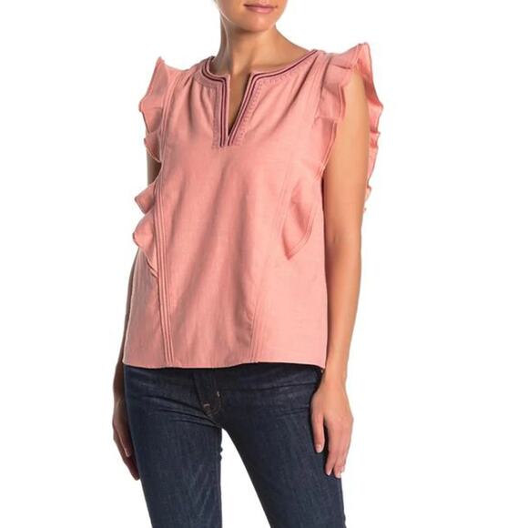 Frye Pink Ruffle Shoulder Tank‎ Top Size M Embroidered Split Neck Sleeveless - Picture 1 of 11